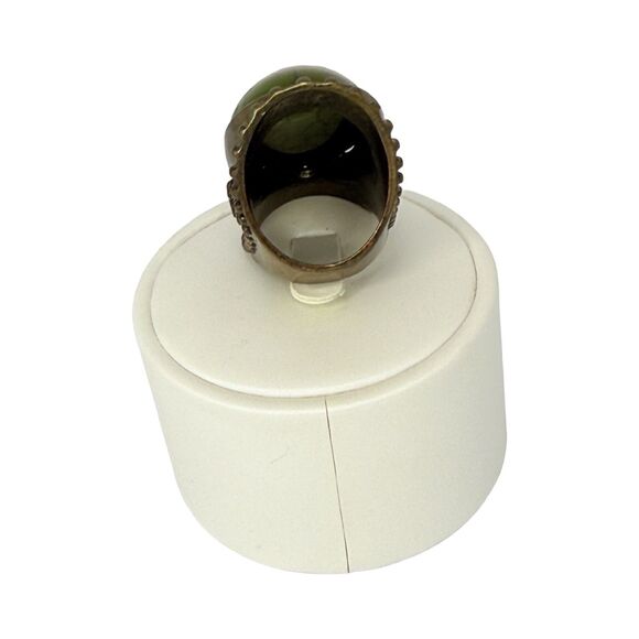 Green Glass Full Finger Brass Ring 6.5 Bohemian Ethnic Boho Chic - Picture 9 of 16